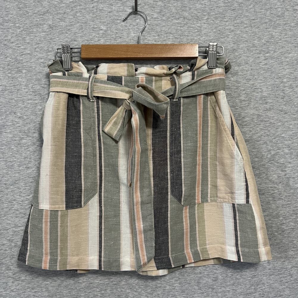 American Eagle Mini Skirt Womens Small Striped Paperbag Waist Belted Linen Blend